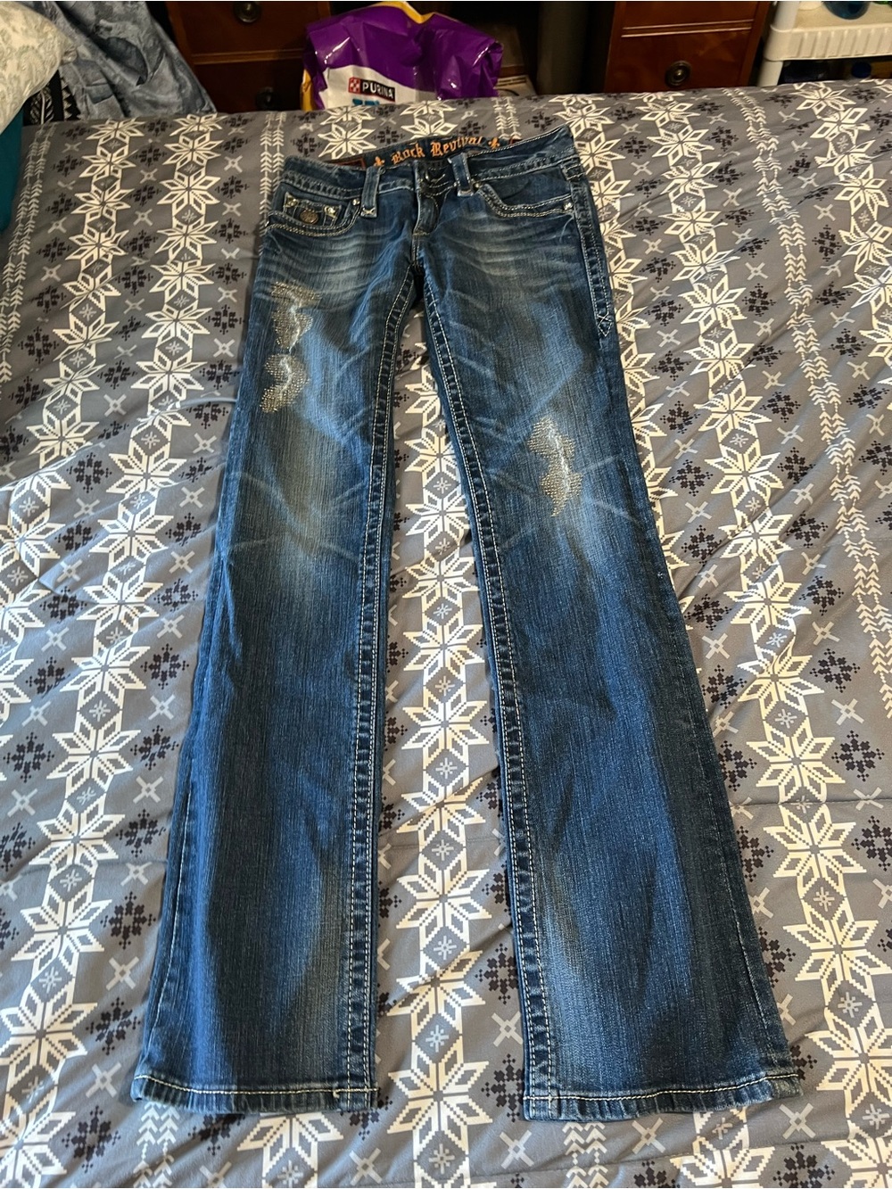Rock Revival Dark Blue Flare Jeans with Faded Distress